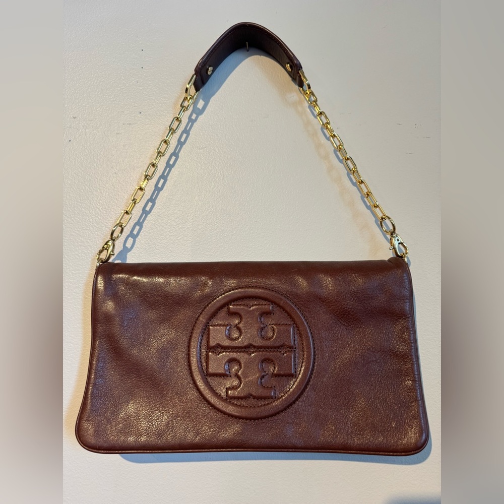ToryBurch Dark Brown Leather Foldable Clutch